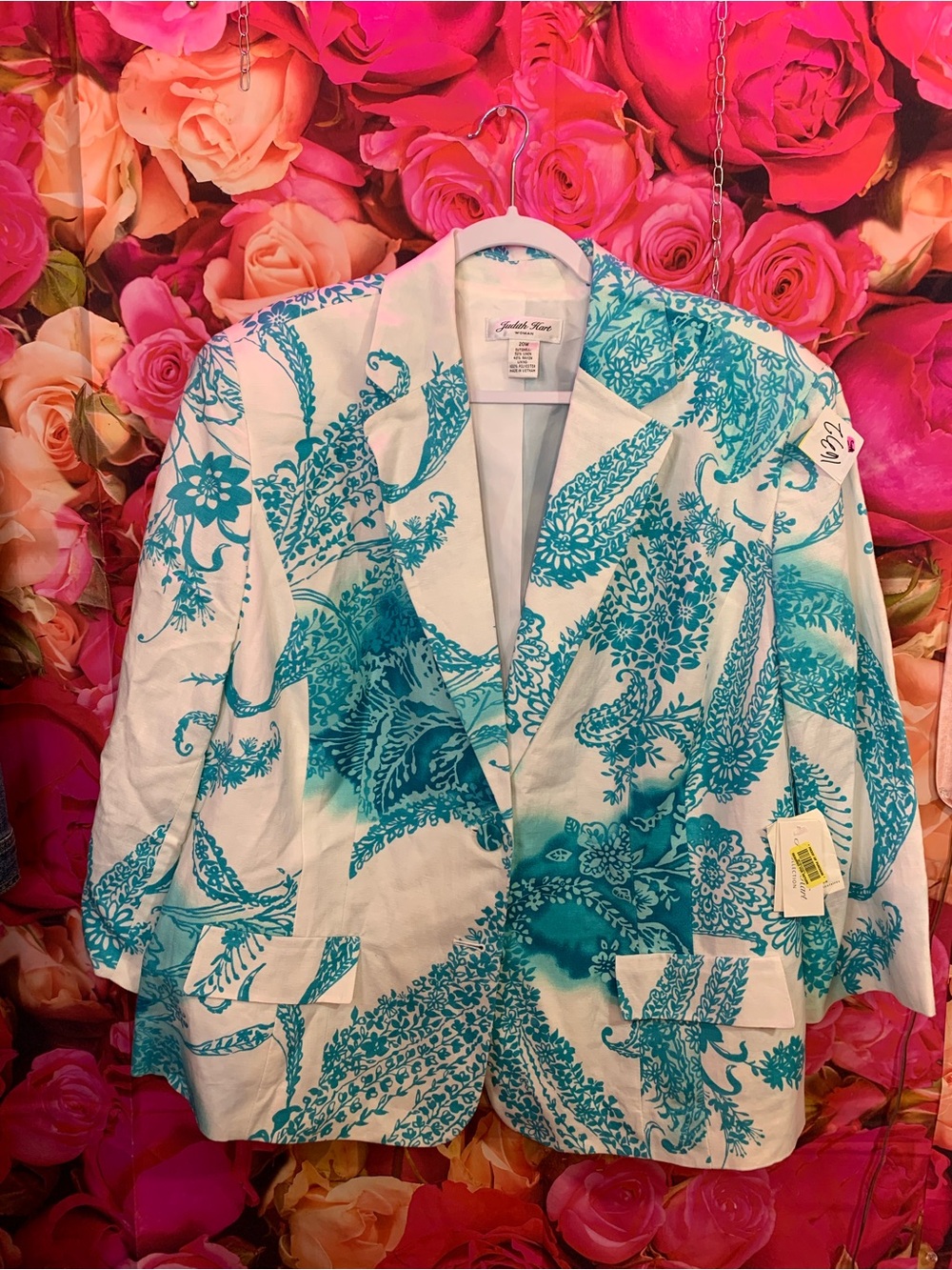 White & Turquoise Floral Print Blazer - Women's Classic Fit Judith Hart 20W